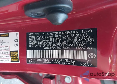 2021 Toyota Corolla Le from USA, damaged, VIN JTDEPMAE6MJ166042